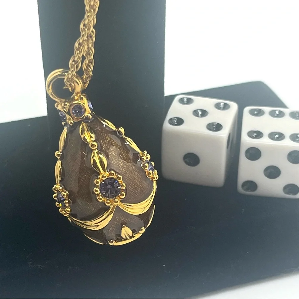 Joan Rivers Egg Pendant Necklace Gold Tone Enamel Crystal Vintage with Box